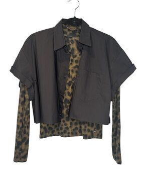 New Scotch & Soda Olive Green and Black Leopard Mock Neck XS Top
